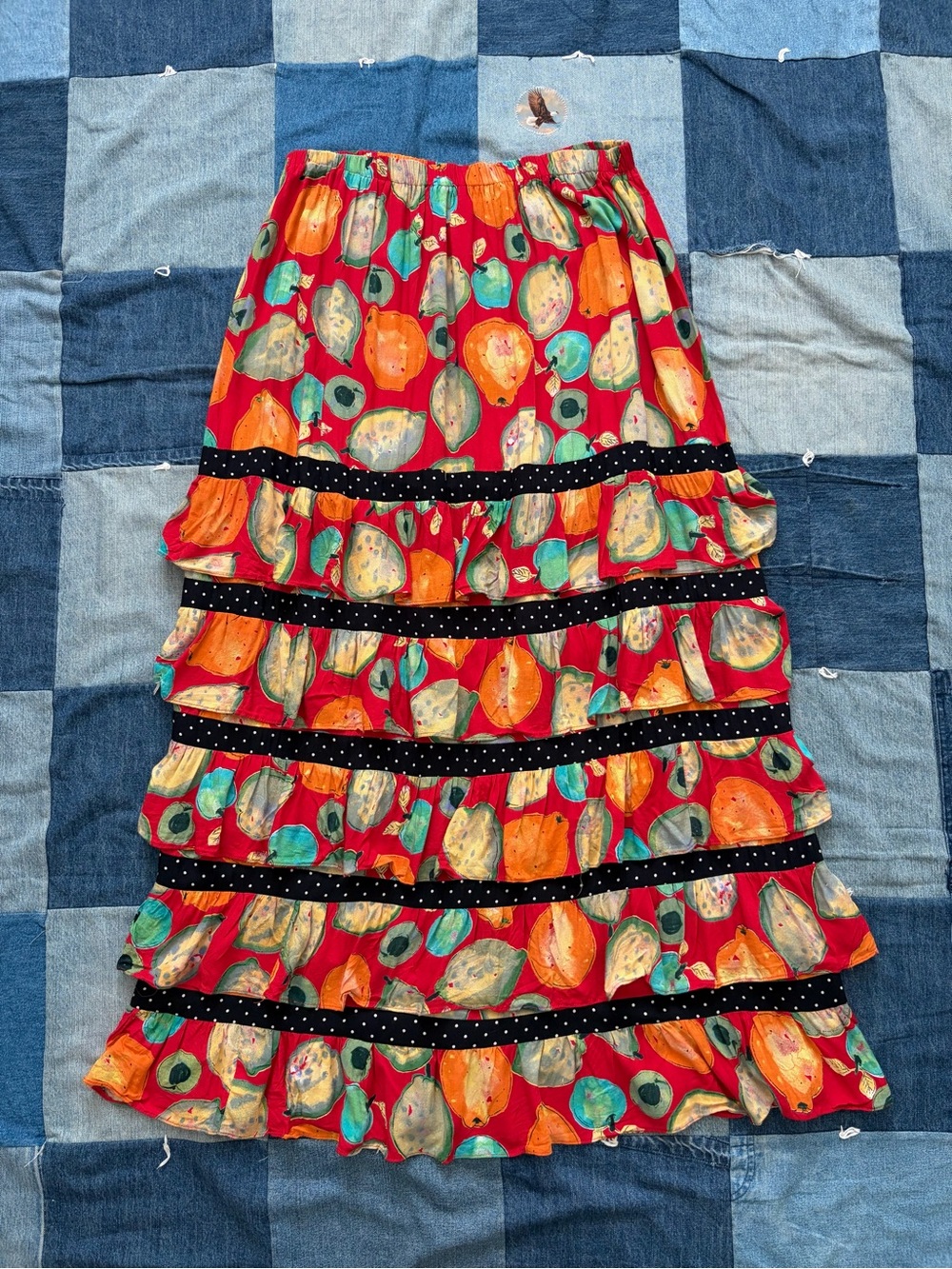 90s vintage tiered maxi skirt ruffles fruit pear print polka dot Lucia Lukken L